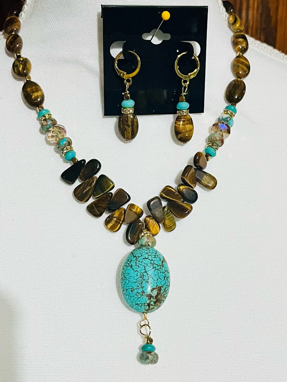 Turquoise and Tiger Eye Pendant Necklace with Matching Earrings